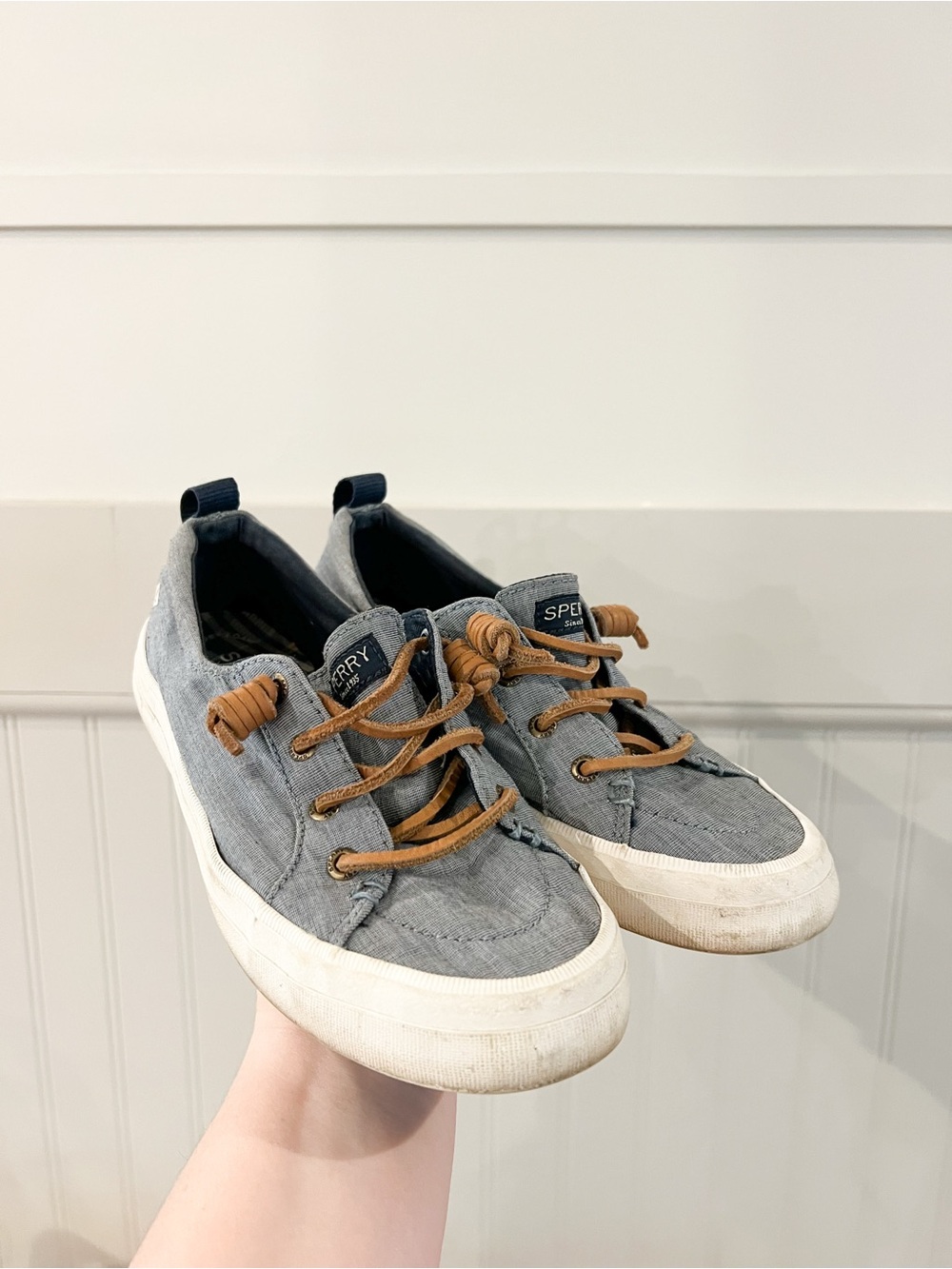 Sperry Women’s Grey-Blue Canvas Slip-On Sneakers with Tan Laces